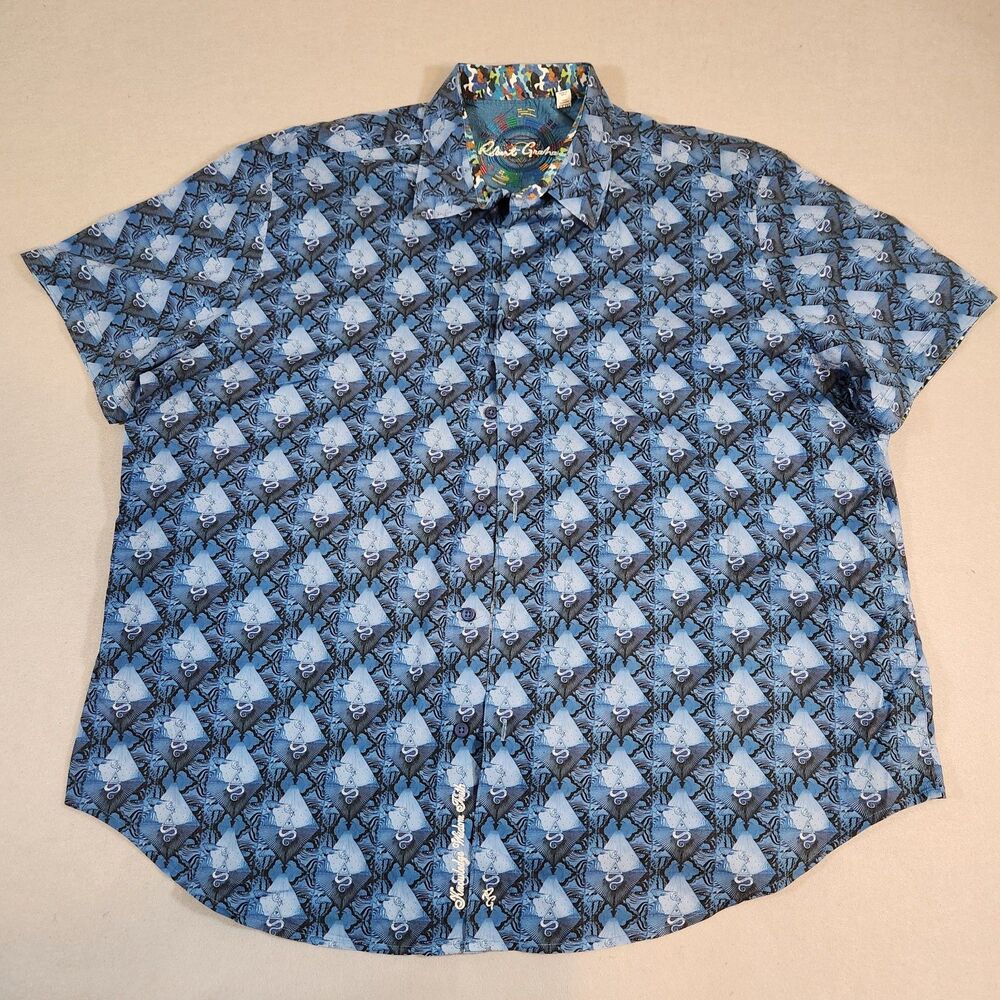 Robert Graham Embroidered Tag Short Sleeve Buttton Down Casual Blue Shirt 3XL